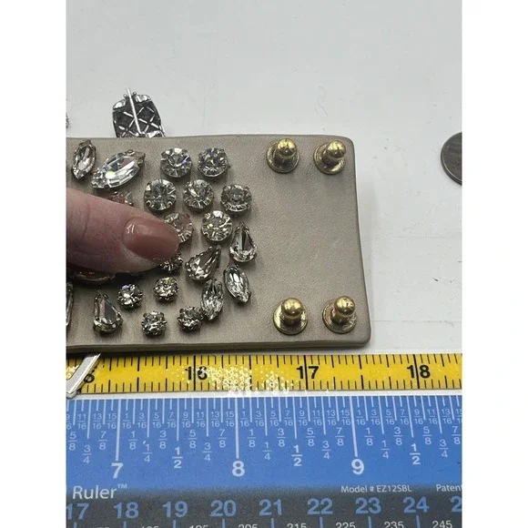 J. Crew Beige Leather Floral Rhinestone Statement Cuff Bracelet - Picture 11 of 11